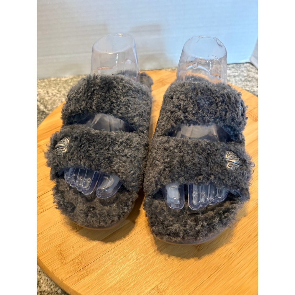Alegria PG Lite Grey Faux Shearling Double Strap Butterfly Slide Sandals‎ 37